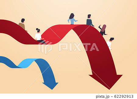 businesspeople sliding down falling economic arrow financial crisis bankrupt investment risk business failure concept full length horizontal 62292913