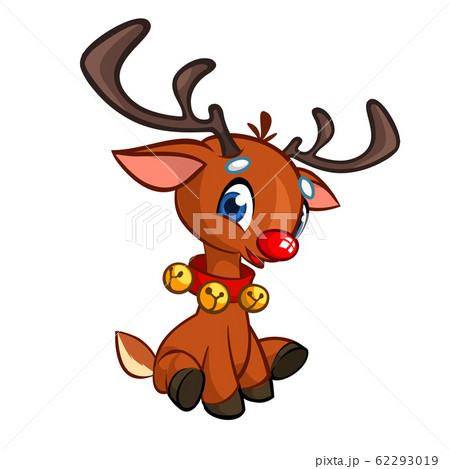Funny cartoon red nose reindeer character wearing bells oh his neck and sitting Christmas vector illustration Funny cartoon red nose reindeer character wearing bells oh his neck and sitting Christmas vector illustration 62293019