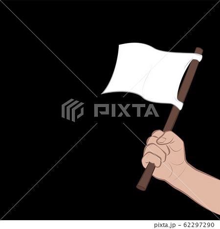 Waving white flag. Symbol or signal for capitulation, surrender, offering peace cor onceding victory. Comic vector illustration on black background. 62297290