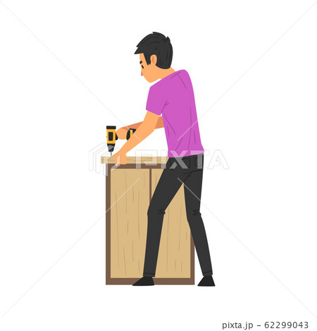 Man Assembling and Installing Cupboard, Manual Furniture Assembly Vector Illustration 62299043