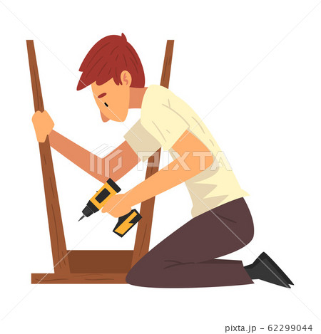 Man Assembling and Installing New Furniture, Male Worker Drilling Screw in Wooden Stool, Manual Furniture Assembly Vector Illustration 62299044