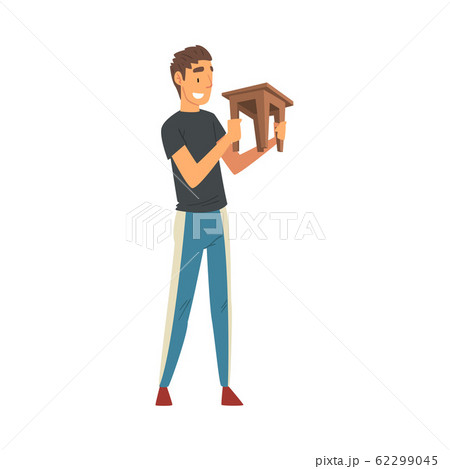 Smiling Man Assembling New Furniture, Guy Holding Wooden Stool, Manual Furniture Assembly Vector Illustration 62299045