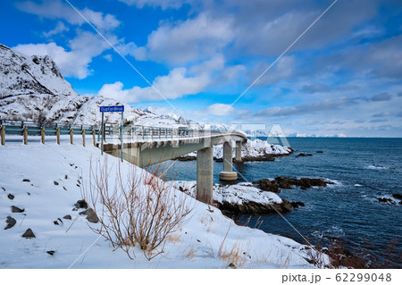 Djupfjord Bridge Djupfjordbrua in winter. Lofoten islands, Norway 62299048
