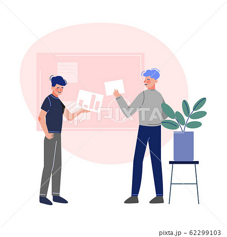 Business Characters Working and Exchange Thoughts in Comfortable Office Space Vector Illustration 62299103