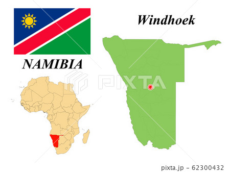 Republic of Namibia. Capital of Windhoek. Flag of Namibia. Map of the continent of Africa with country borders. Vector graphics. 62300432