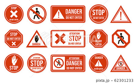 Traffic stop signs. Do not enter, warning traffic road sign. Stop, no admittance, prohibitory character street driving directions vector isolated icon set 62301233