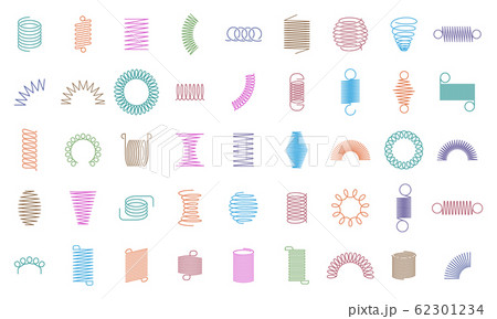 Metal curved spring. Wire springs, mechanical curved steel flexible coils, engineering motor spirals silhouette. Metallic coils icons isolated vector set Metal curved spring. Wire springs, mechanical curved steel flexible coils, engineering motor spirals silhouette. Metallic coils icons isolated vector set 62301234