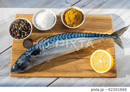 Fresh raw mackerel fish with cooking ingridients 62301666