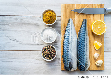 Fresh raw mackerel fish with cooking ingridients 62301673