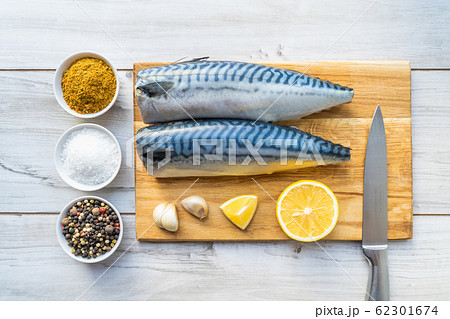 Fresh raw mackerel fish with cooking ingridients 62301674