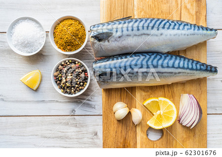 Fresh raw mackerel fish with cooking ingridients 62301676