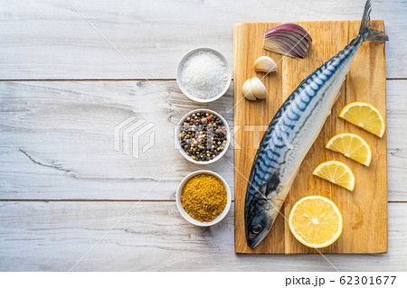 Fresh raw mackerel fish with cooking ingridients 62301677