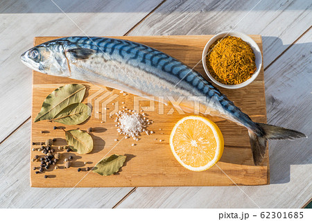 Fresh raw mackerel fish with cooking ingridients 62301685