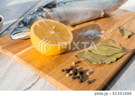 Fresh raw mackerel fish with cooking ingridients 62301686