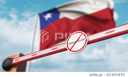 Barrier gate with no immigration sign being closed with flag of Chile as a background. Chilean Border closure or immigration ban. 3D rendering Barrier gate with no immigration sign being closed with flag of Chile as a background. Chilean Border closure or immigration ban. 3D rendering 62301834