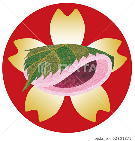春の和菓子｜長命寺桜餅_関東_背景赤丸皿桜ゴールドのイラスト素材