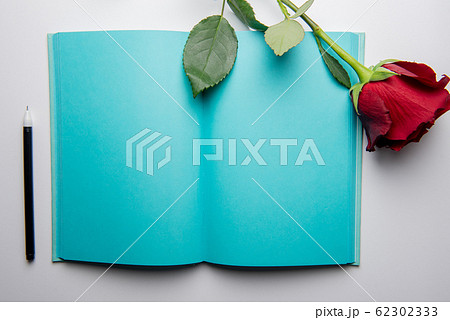 Open notebook, rose on a white background 62302333