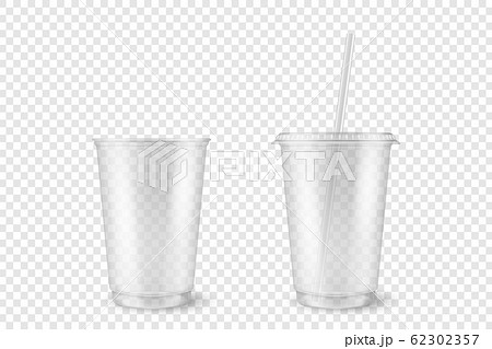 Vector Realistic 3d Empty Clear Plastic Opened, Closed Disposable Cup with Straw Set Closeup Isolated on Transparent Background. Design Template of Milkshake, Tea, Juice Packaging Mockup for Graphics 62302357