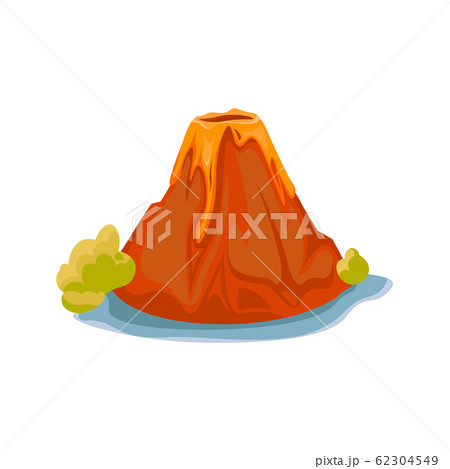 Cartoon hot volcano with magma and lava. Vulcano rock mountains icon isolated on white. Vector illustration 62304549