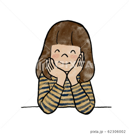 頬杖をついて笑顔の女の子のイラスト素材