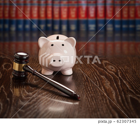 Gavel and Piggy Bank on Wooden Table With Law Books Behind Books Behind Gavel and Piggy Bank on Wooden Table With Law Books Behind Books Behind 62307345