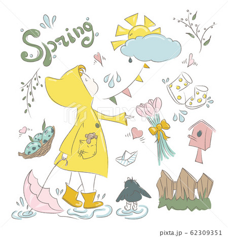 Girl with pink umbrella in yellow raincoat 62309351