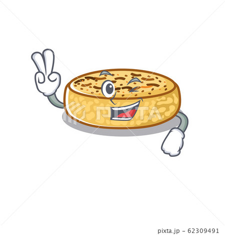 mascot of funny crumpets cartoon Character with two fingers 62309491