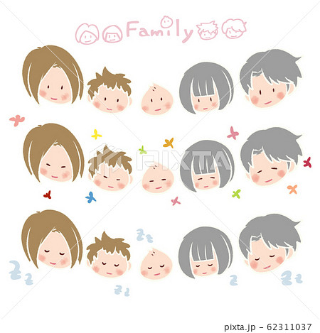 赤ちゃんと子どもとパパとママの表情集 主線白 ノーマル 笑顔 寝顔 のイラスト素材