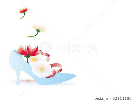 ガーベラのカラフルな花とガラスの靴のイラスト横スタイルホワイトバック背景素材のイラスト素材