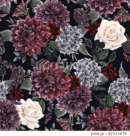 Beautiful seamless pattern with watercolor dark blue, red and black dahlia hydrangea flowers. Stock illustration. 62312676