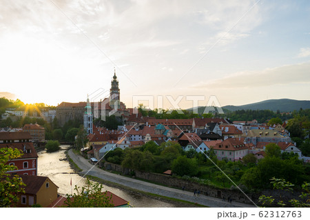 Cesky Krumlov skyline with sunset in Czech 62312763