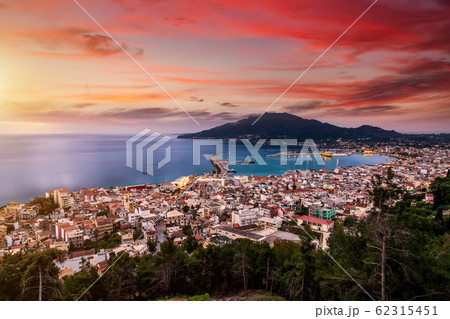 Summer view of Zakynthos Zante town. Beautiful cityscape panorama of Greece city Summer view of Zakynthos Zante town. Beautiful cityscape panorama of Greece city 62315451