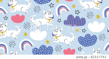 Vector seamless pattern with cute corgi dogs, ball Vector seamless pattern with cute corgi dogs, ball 62317741