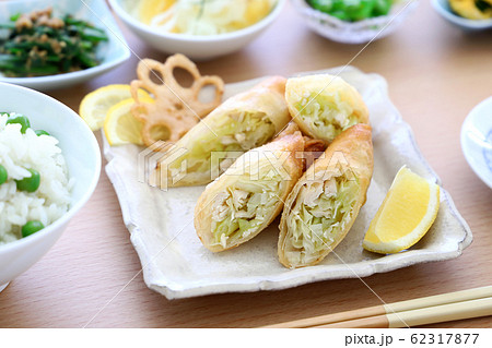 きゃべつと鶏ささみの春巻き　花れんこんチップス 62317877