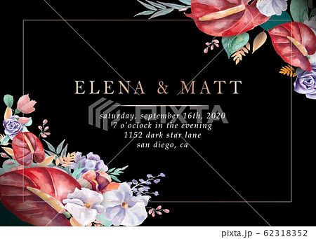 Wedding invitations. Flowers on a black background, design with golden elements. 62318352