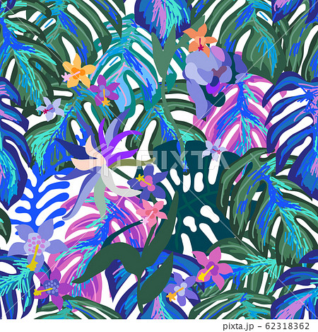 Seamless pattern with flowers and palm leaves. 62318362