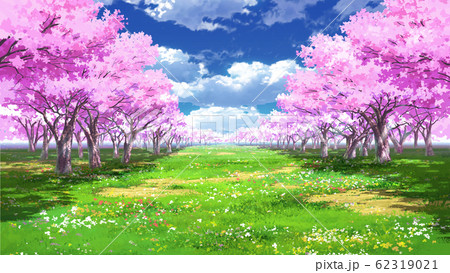 青空と雲05と桜04と草原01のイラスト素材