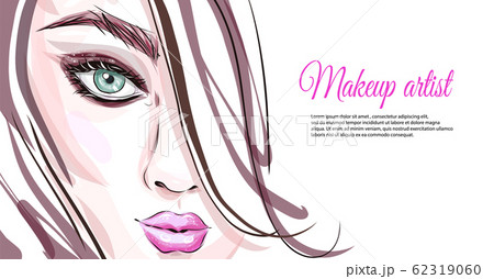 Hand-drawn young beautiful girl with nude makeup and unusual blue hair. Fashion illustration of a stylish look. 62319060