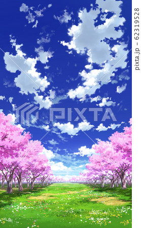 縦pan用 青空と雲04と桜04草原01のイラスト素材