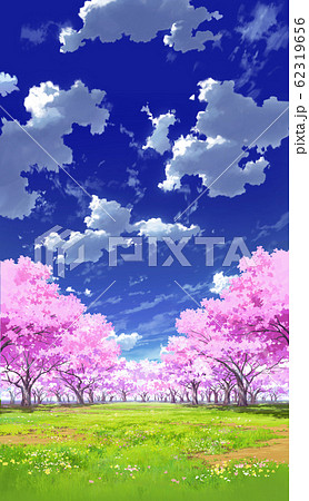 縦pan用 青空と雲02と桜05草原03のイラスト素材
