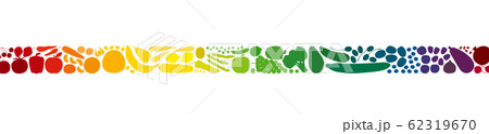 Colorful fruits and vegetables in a rainbow gradient colored row. Seamless extendable horizontal stripe. Isolated vector illustration on white background. 62319670