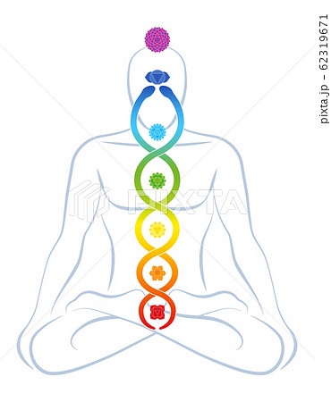 Meditating yoga man with colored chakras and rainbow gradient Kundalini serpent, symbolic for spirituality, balance, harmony, relaxation and healing power. Vector illustration on white. 62319671