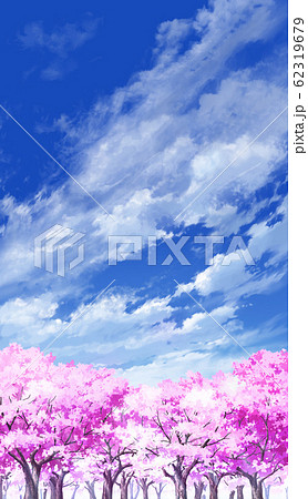 縦pan用 青空と雲05と桜06のイラスト素材