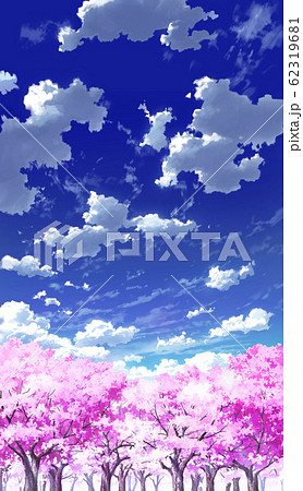 縦pan用 青空と雲02と桜06のイラスト素材