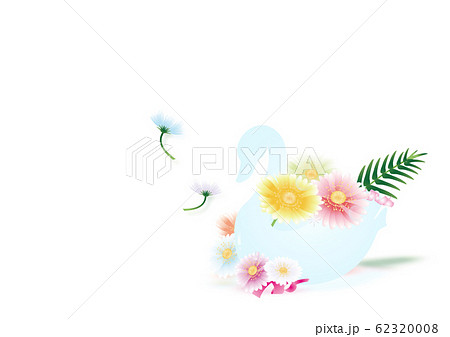 スワンの器にガーベラのカラフルな花のイラスト横スタイルホワイト背景素材のイラスト素材