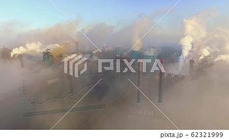 Aerial. View of high pipes with grey smoke with temperature change animation 62321999