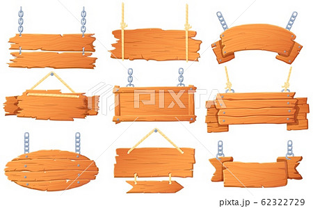 Hanging wooden banners. Wood board on rope, hanged signboard and banner with wood texture cartoon vector set Hanging wooden banners. Wood board on rope, hanged signboard and banner with wood texture cartoon vector set 62322729