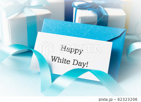 Happy White Day ホワイトデー メッセージカード 手紙 レター 水色の写真素材