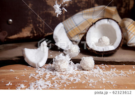 Close up of white candies and coconut with white 62323612