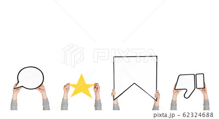 Hands holding the signs of social media on white studio background, flyer 62324688